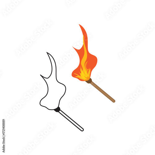 vector illustration of a burning or lit wooden matchstick