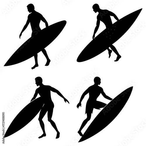 Silhouette depictions of a surfer carrying a surfboard in various stances and orientations on white