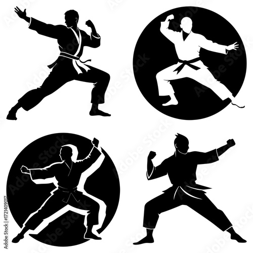 Four silhouettes of martial artists in various stances with traditional attire and dynamic poses displayed