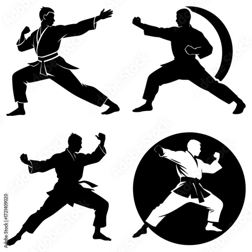 Four silhouettes of karate practitioners in various stances and backgrounds in black and white color scheme