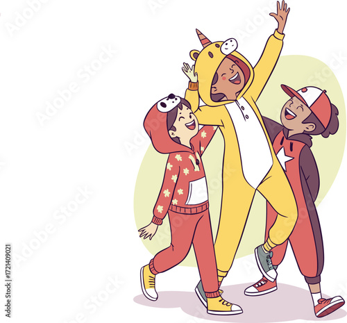 Joyful children in fun animal onesies dancing and expressing happiness during a lively playful celebration outdoors