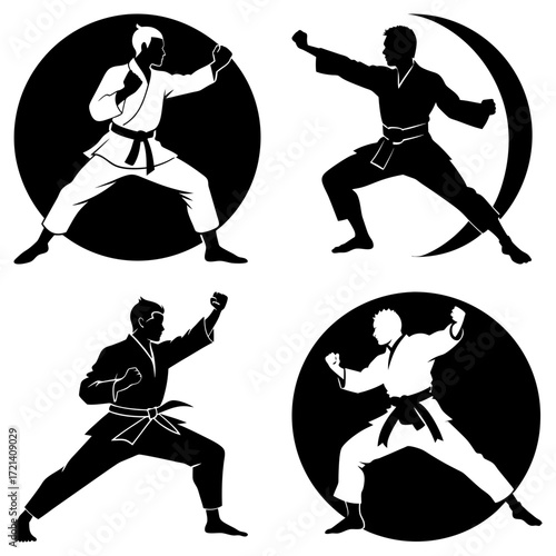 Four silhouettes of karate practitioners in various stances against circular backgrounds shown in black and white