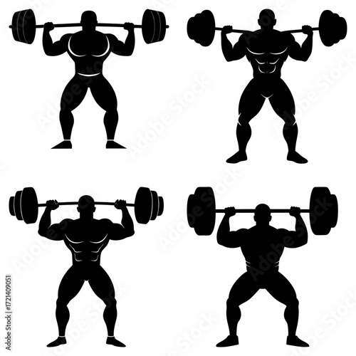 Four black silhouettes of weightlifters lifting barbells in various poses against a white background