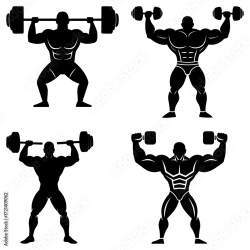 Four bodybuilders lifting weights and dumbbells in silhouette poses for fitness and exercise motivation
