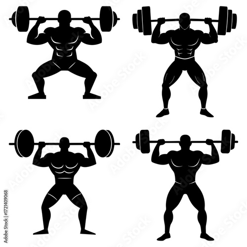 Silhouette illustration of four weightlifters lifting barbells in different poses on a white background