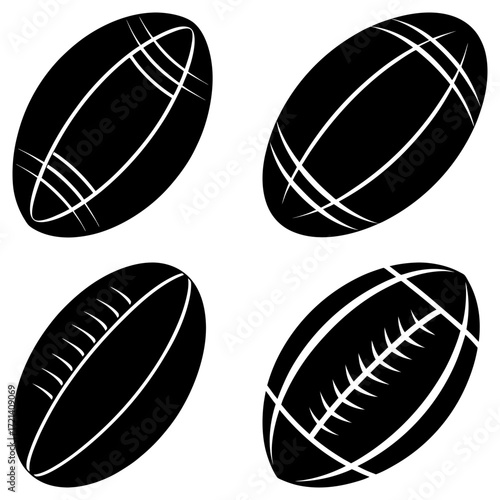 Four black and white stylized rugby balls with different line patterns arranged on a white background