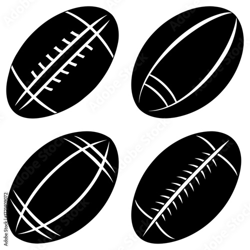 Four american footballs in black and white with different line patterns and designs displayed clearly