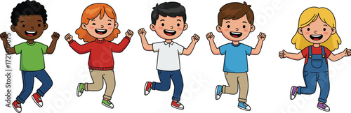 Happy cartoon kids jumping, diverse children illustration, smiling friends, childhood joy, active play, group activity, fun, friendship, happiness, celebration