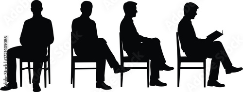 Businessmen sitting on chairs, reading book, waiting area illustration, corporate lifestyle, teamwork concept, professional silhouettes, office environment, workplace vector design,