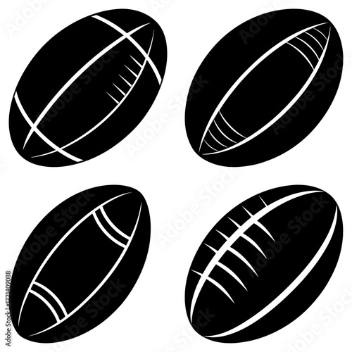 Illustration showcasing four american footballs with unique line patterns in a monochrome black and white style
