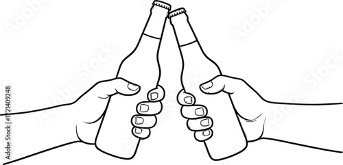 Two hands toasting beer bottles cheers celebration vector art