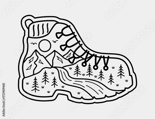 Detailed line art vector of a hiking boot filled with a landscape of mountains, trees, and a river. Ideal for outdoor enthusiasts and adventure-themed designs.