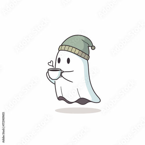 Cute ghost wearing a beanie holding a cup of coffee.