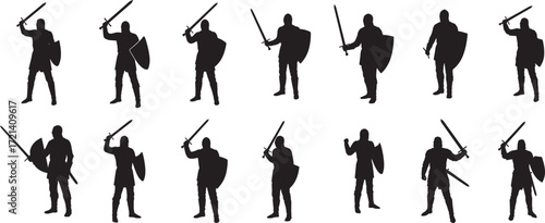 Knight silhouette vector set medieval warrior with sword and shield fantasy rpg game asset illustration