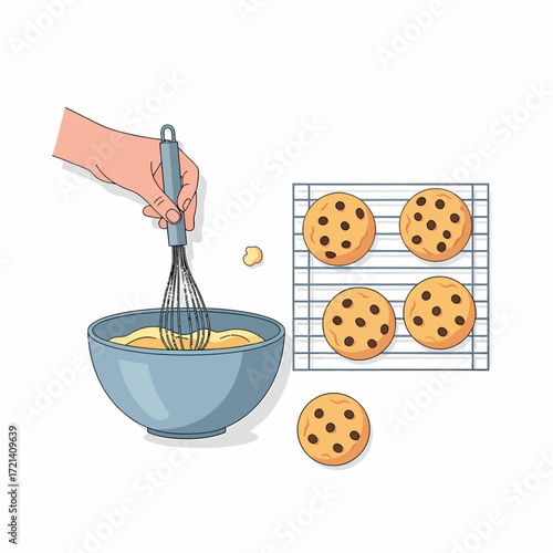 Mixing cookie dough and baking cookies.