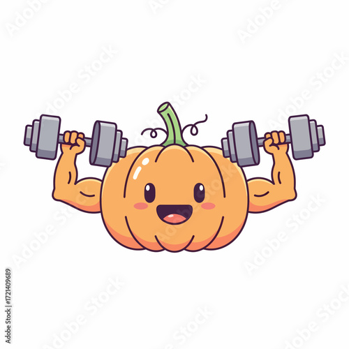 Happy strong pumpkin lifting weights.