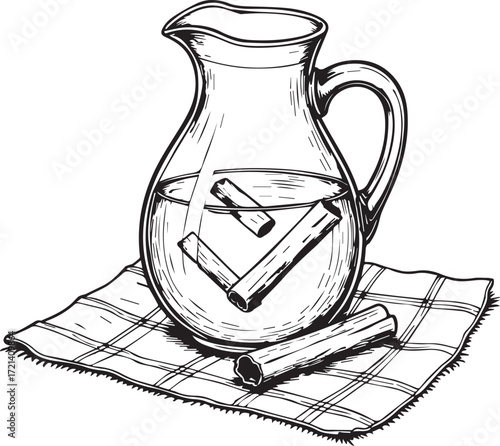 Cinnamon Infusion:  An artistic monochrome rendering captures the rustic charm of cinnamon sticks gracefully infused in a water-filled pitcher, inviting the warmth and aroma of spice.