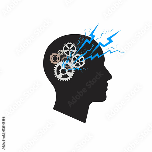 Human Head with Gears and Lightning Bolts.