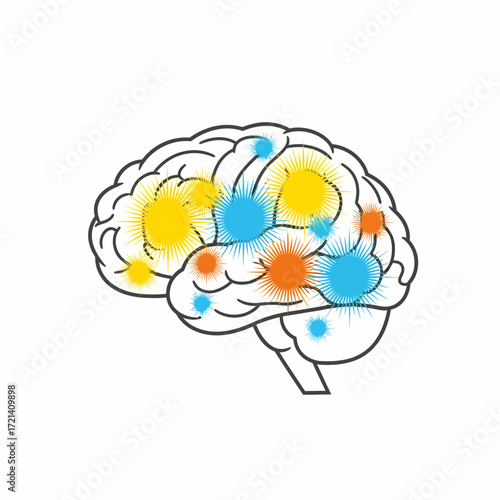 Brain illustration with colorful highlights representing cognitive functions and processes.