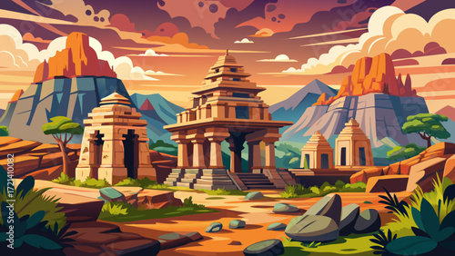 Hampi, India, showcases crumbling stone temples, elephant stables, and boulder-strewn hills reflecting the grandeur of the Vijayanagara Empire.