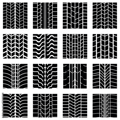 Bold silhouette car tyre tread patterns zigzag wave straight line isolated on white background