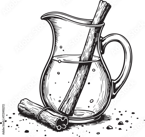 Cinnamon Infusion: A detailed illustration of a glass pitcher with water and a cinnamon stick, and a few more beside, illustrating simplicity.