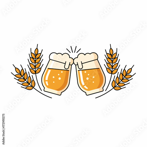 Two glasses of beer clinking together with wheat stalks on the sides.