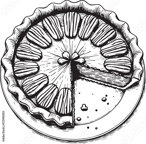 Gourmet Pecan Pie: A meticulously crafted pecan pie, with an intricate arrangement of pecans atop a golden, flaky crust, a piece invitingly removed.