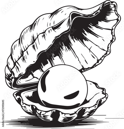 Hidden Gem: A captivating artistic rendering showcases a lustrous, flawless pearl cradled within an open oyster shell.