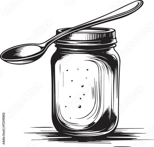 Mason Jar and Spoon Monochrome: Artistic monochrome sketch of a Mason jar paired with a spoon. Classic design to complement your culinary projects.