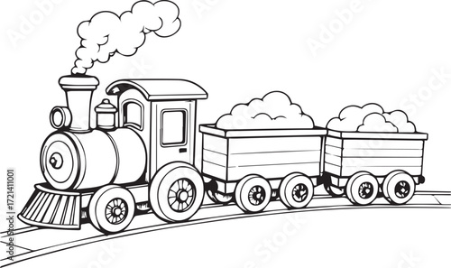 Vintage Steam Train Illustration: A charming black and white illustration of a vintage steam train with two loaded coal cars chugs along a railway track, emitting a plume of smoke.