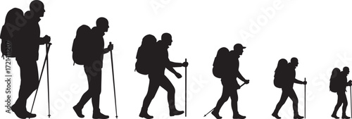 Silhouette of hikers trekking backpacking walking adventure outdoors journey travel hiking explorers vector