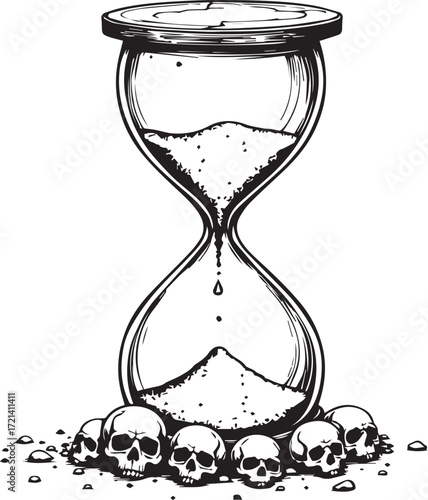 Time's Passage: A dramatic monochrome illustration of an hourglass with sand trickling down, symbolizing the passage of time and mortality. Skulls surround the base, enhancing the somber theme.