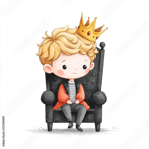 Cartoon Prince Sitting on Throne with Golden Crown.