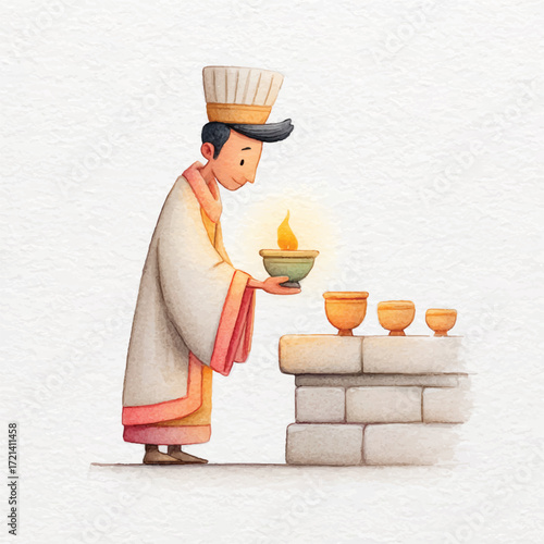 Cartoon Priest Lighting Candles on Stone Altar.