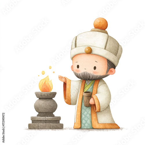 Cartoonish religious figure with a candle, offering a blessing.