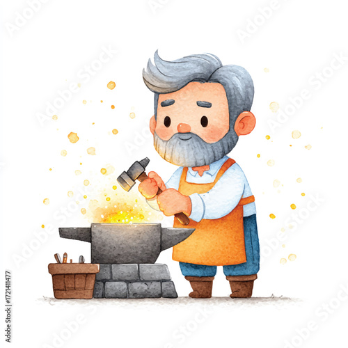 Charming Blacksmith Working at Anvil with Hammer.