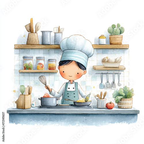 Charming Chef Illustration - A Culinary Artist at Work in the Kitchen.