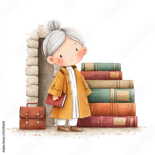 Charming elderly woman with books and luggage.