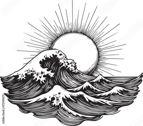 Rising Tide: A captivating illustration features a powerful ocean wave cresting under a radiant sun, depicting the dynamic energy of nature.