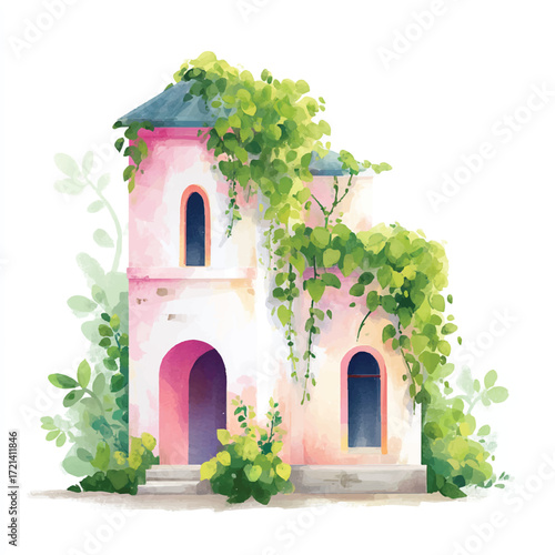 Charming Pink Watercolor Building Overgrown with Lush Greenery.