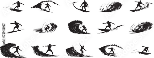 Surfing silhouette vector art collection of wave riders for logo design and summer beach vibes art
