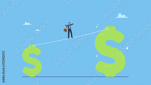 Businessman investor acrobat walking from small dollar to bigger one. Investment growth high risk high reward, growing wealth or increase wages, salary or income, earning or profit savings.