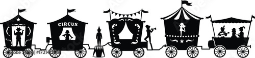 Circus train silhouette illustration, carnival parade wagons, vintage fairground attraction, festival entertainment design, amusement parade vector, retro circus art