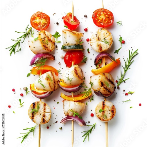 Delicious grilled scallops and colorful vegetable skewers seasoned with fresh herbs and spices, creating a vibrant and appetizing dish