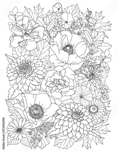 Coloring page for adults and children. Bouquet of flowers.