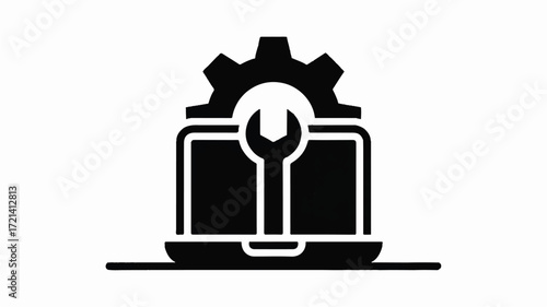 Black and white icon laptop computer gear wrench tool