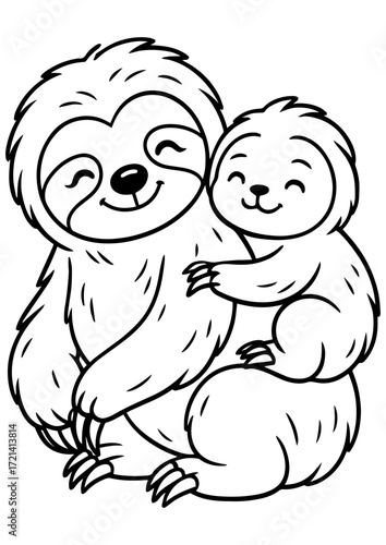 Black and white vector of mother sloth with baby. Cute tropical animals illustration for engrave, laser engrave, prints and creative projects