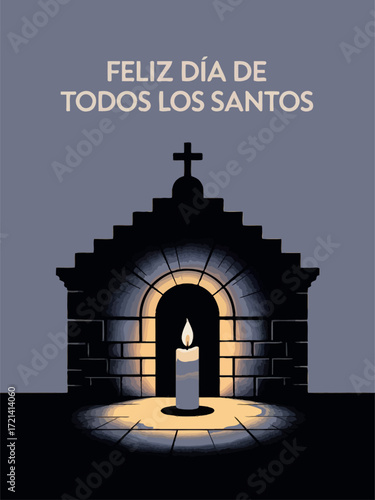 Feliz Día de Todos los Santos with Candle and Chapel Illustration