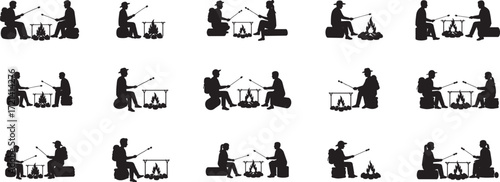 Camping bonfire silhouette vector illustration for outdoor adventure and campfire marshmallow roasting fun